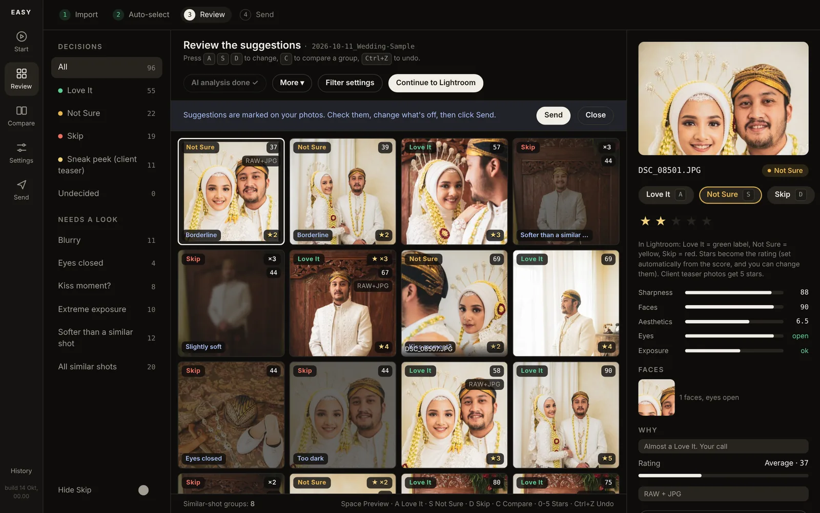 EASY review screen: photos marked Love It, Not Sure and Skip with reasons