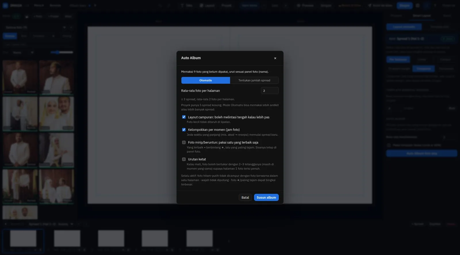 Dialog Auto Album: rata-rata foto per halaman, layout campuran, kelompokkan per momen