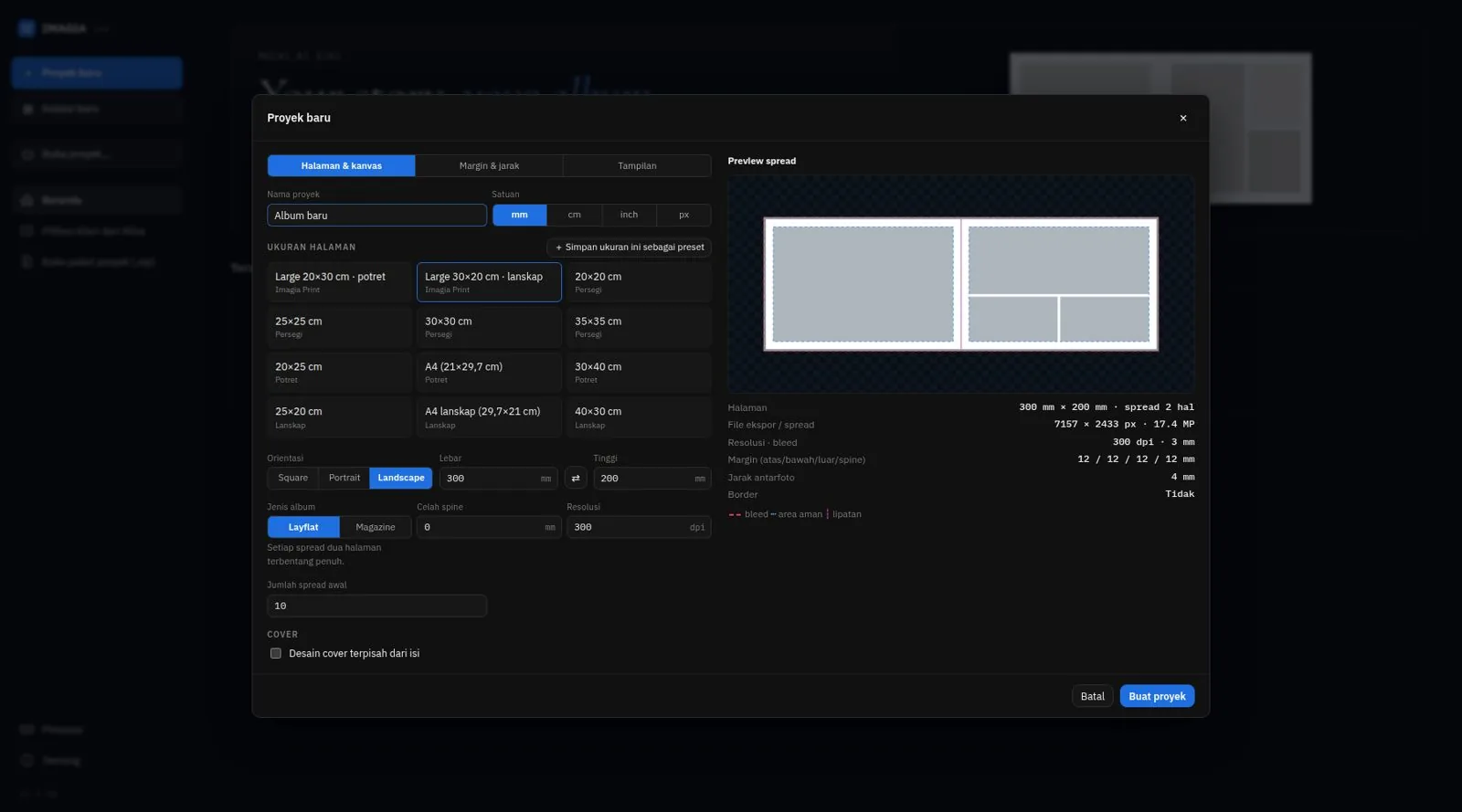 Dialog Proyek baru: pilih ukuran halaman, layflat atau magazine, resolusi 300 dpi, bleed 3 mm