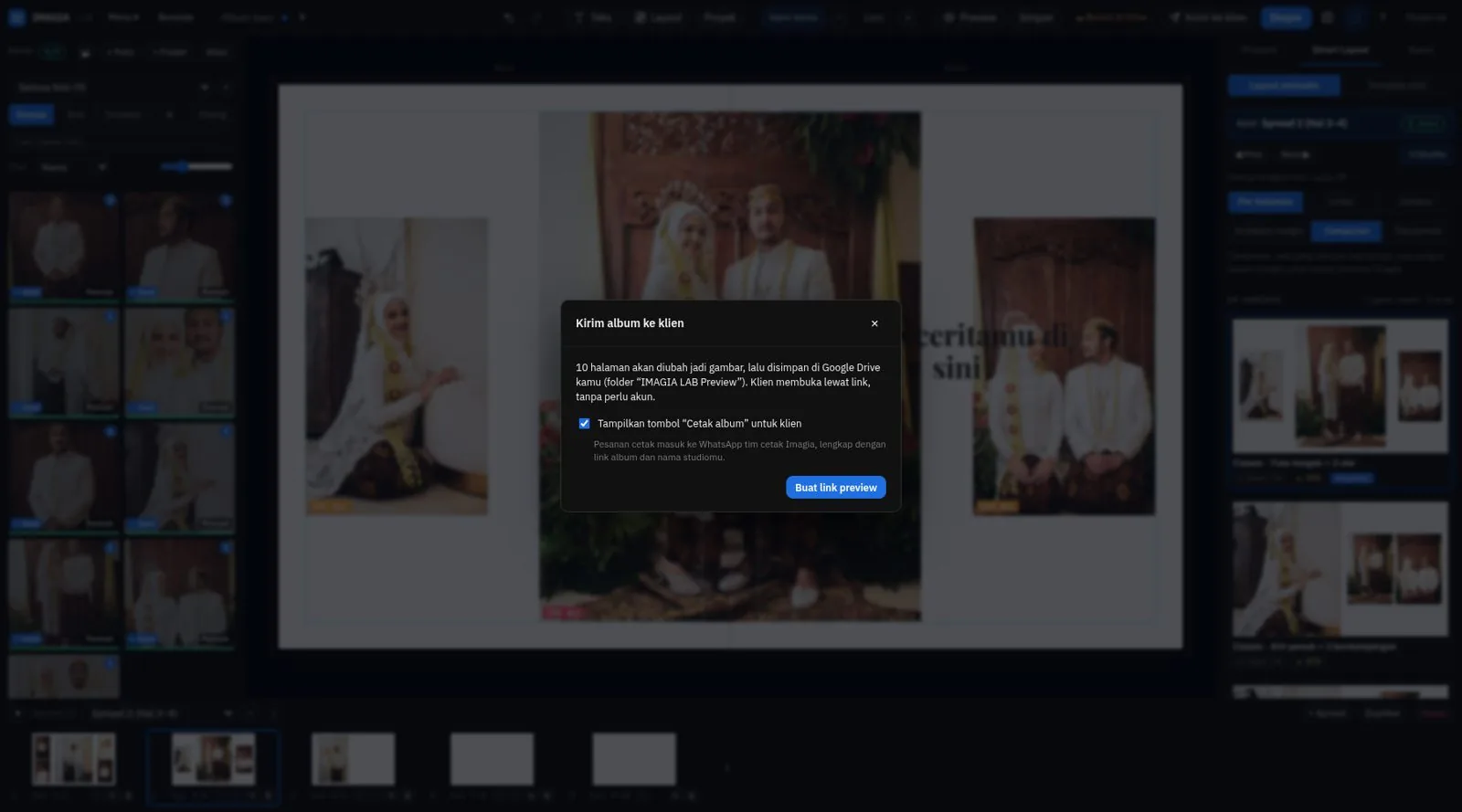 Dialog Kirim album ke klien: halaman diubah jadi gambar, disimpan di Google Drive, klien membuka lewat link
