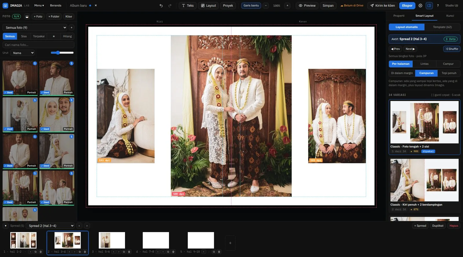Editor album IMAGIA LAB: spread dua halaman berisi tiga foto prewedding, panel foto di kiri