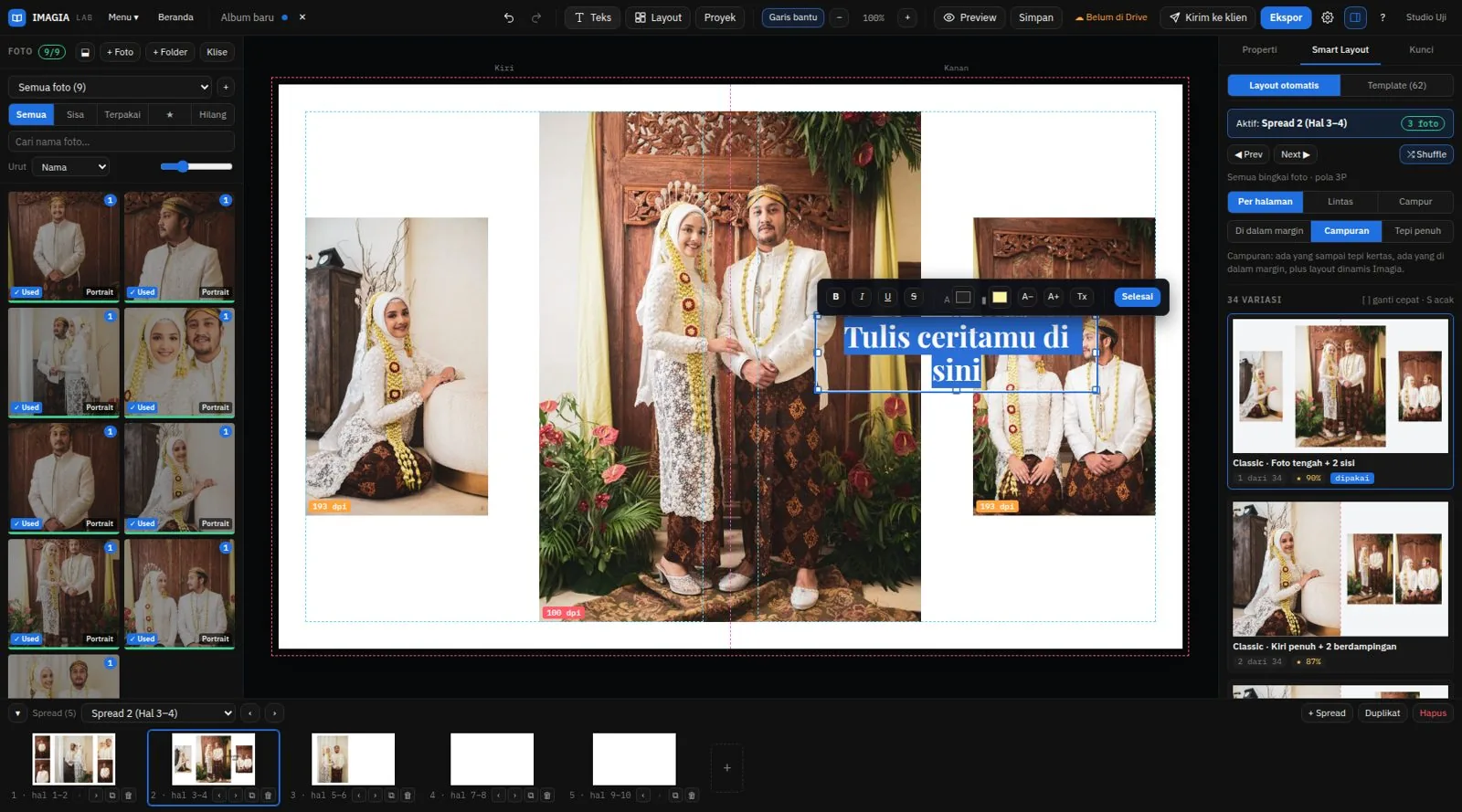 Spread album dengan teks yang sedang diedit dan toolbar font