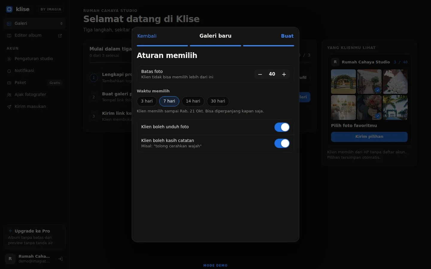 Dialog Aturan memilih: batas foto, waktu memilih, izin unduh dan catatan