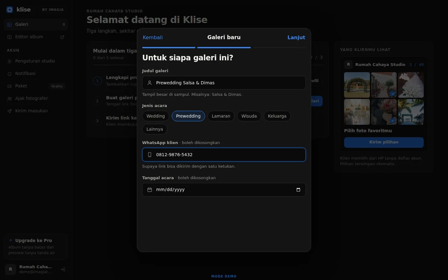 Dialog Galeri baru: judul galeri dan jenis acara