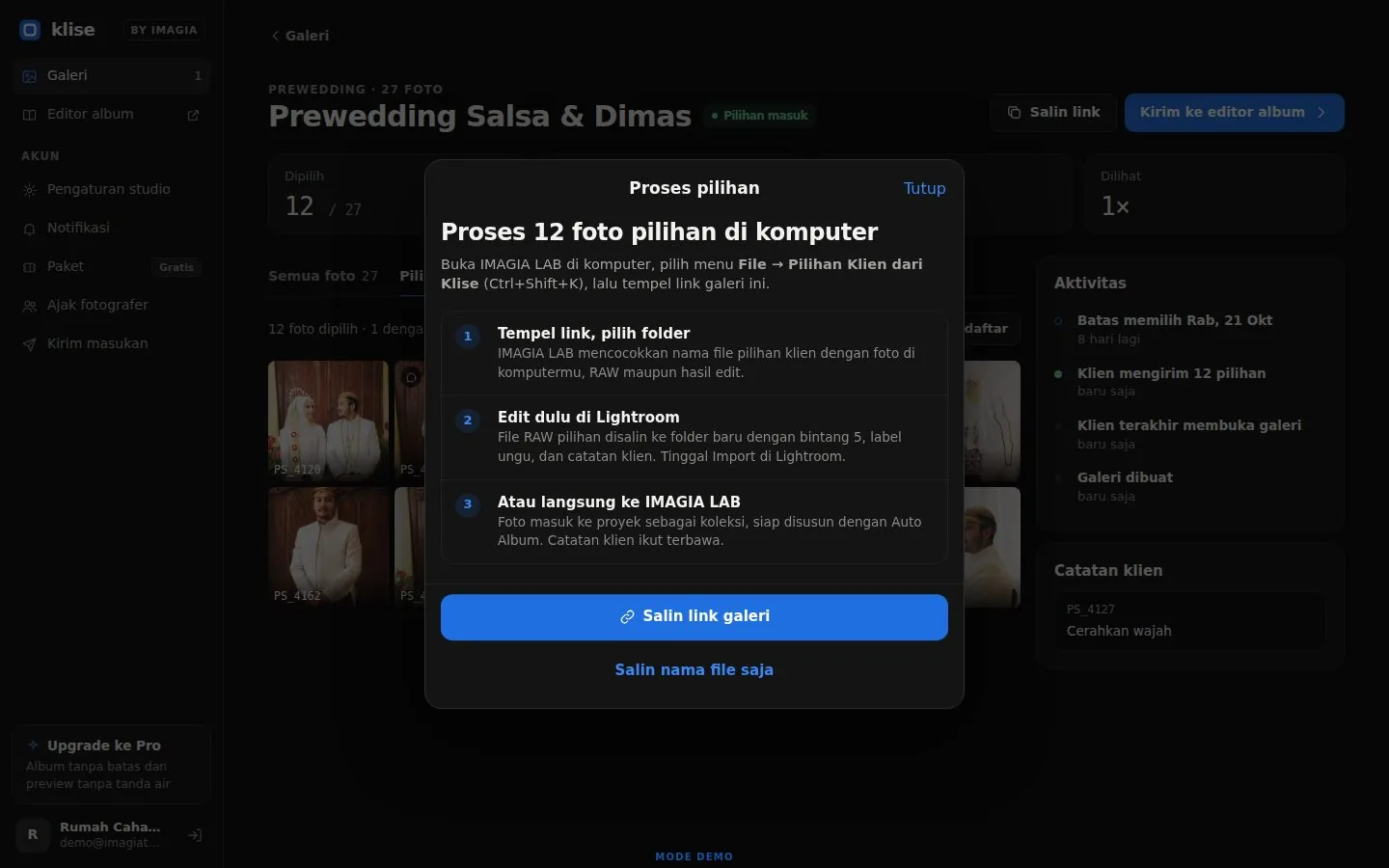 Dialog Proses 12 foto pilihan di komputer: tempel link, edit di Lightroom, atau langsung ke IMAGIA LAB