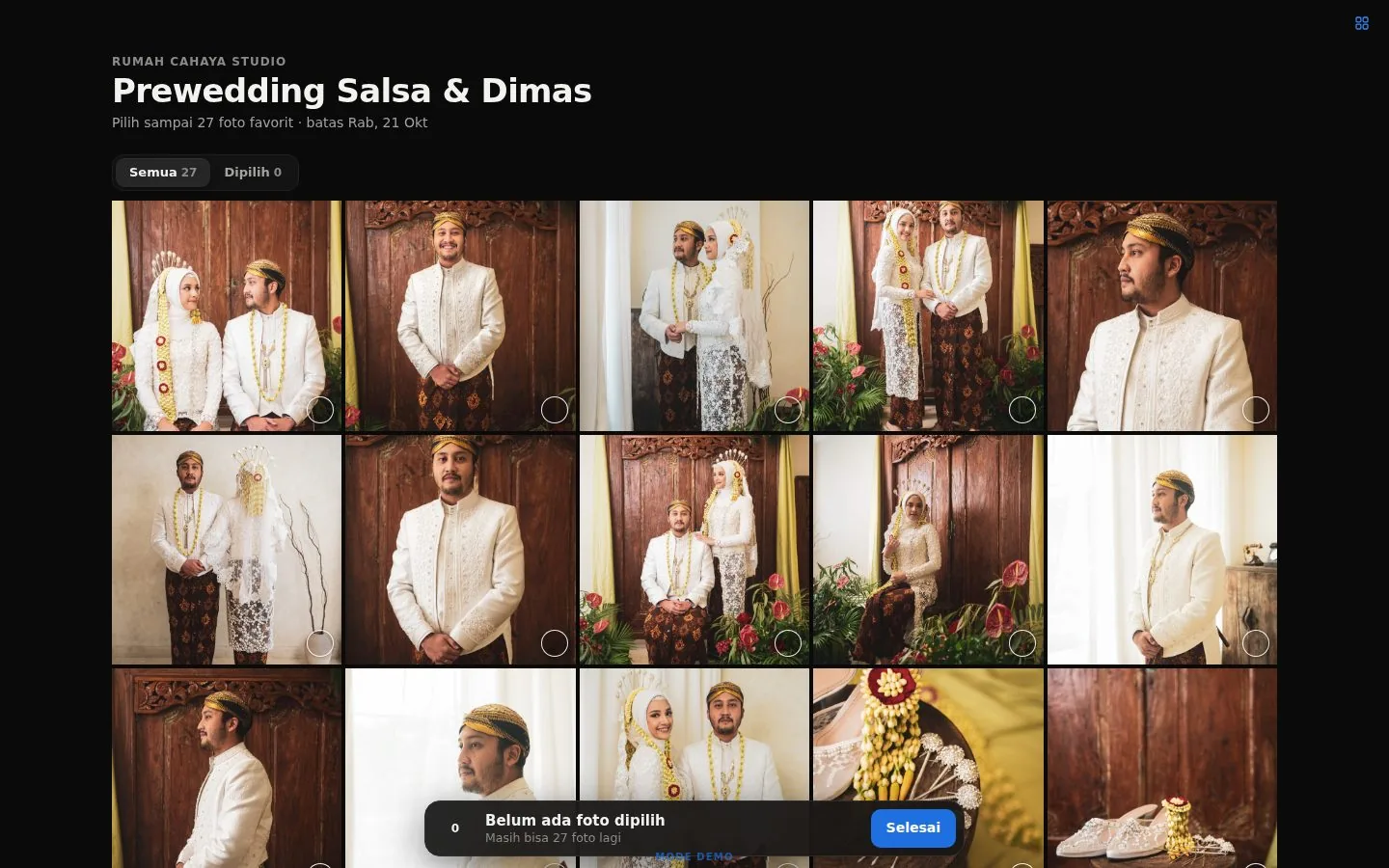 Galeri Klise di laptop klien: foto prewedding dengan lingkaran pilih di tiap foto