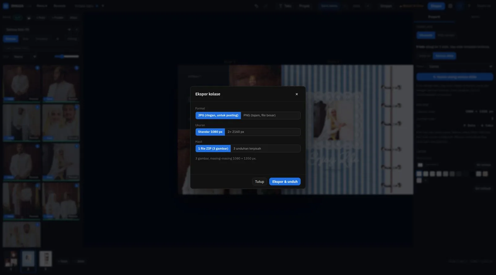 Dialog Ekspor kolase: format JPG atau PNG, ukuran standar 1080 px, hasil ZIP atau terpisah