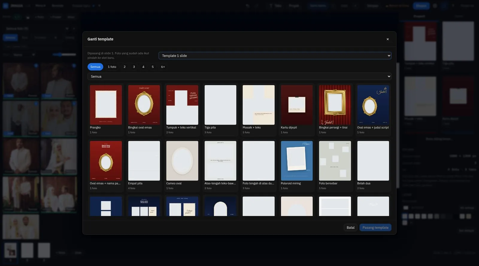 Dialog template besar: semua template kolase dalam grid dengan filter jumlah foto