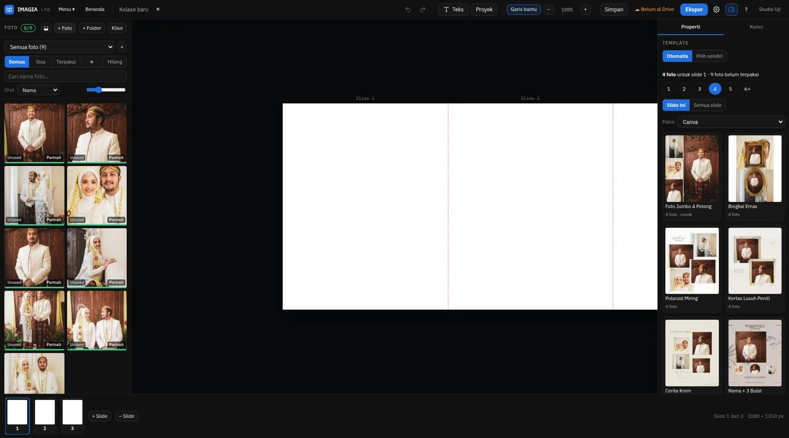 Editor kolase: foto masuk dan saran template otomatis di panel kanan