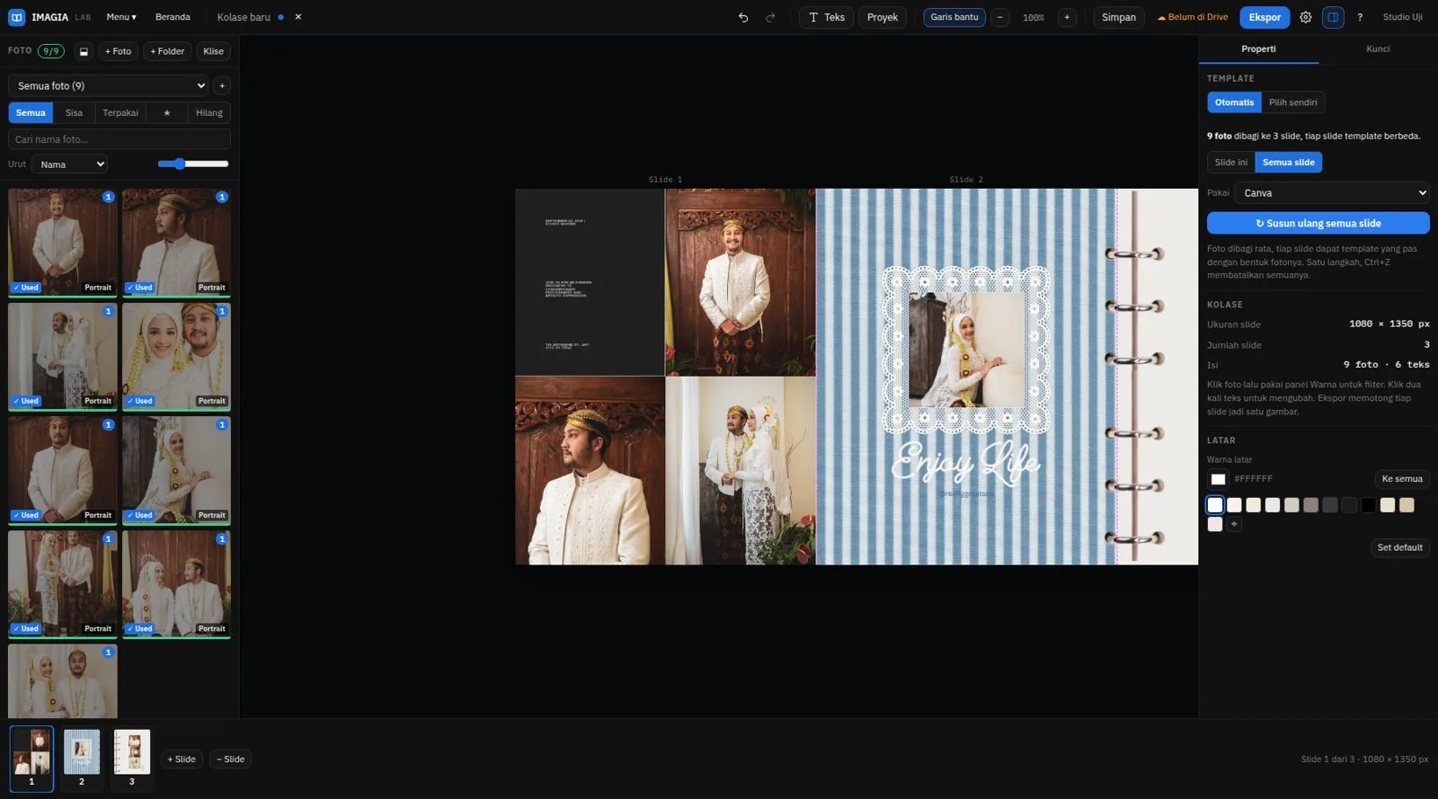 Editor kolase IMAGIA LAB: carousel tiga slide dengan foto dan template bergaris biru