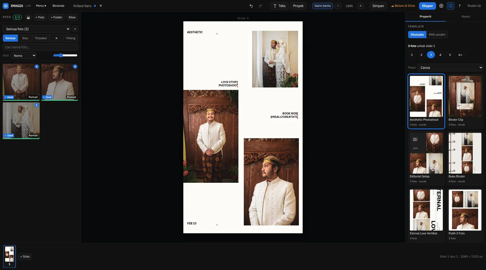 Template Story 9:16: tiga foto groom dan pengantin dengan teks Aesthetic Local Story Photography