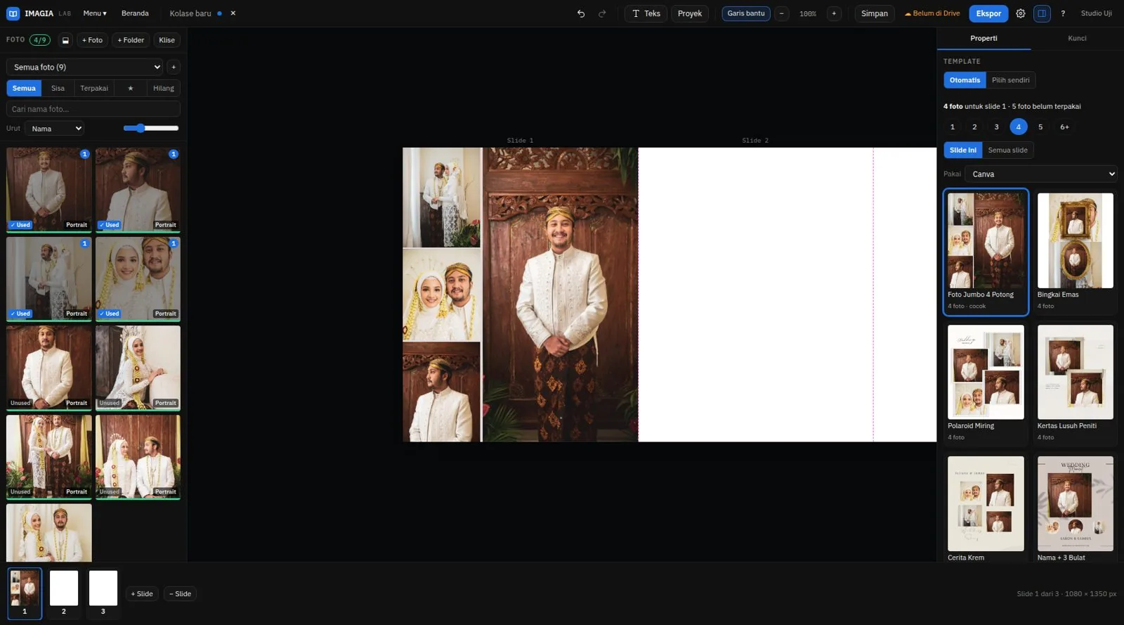 Editor kolase: template terpasang dengan foto groom di slide pertama